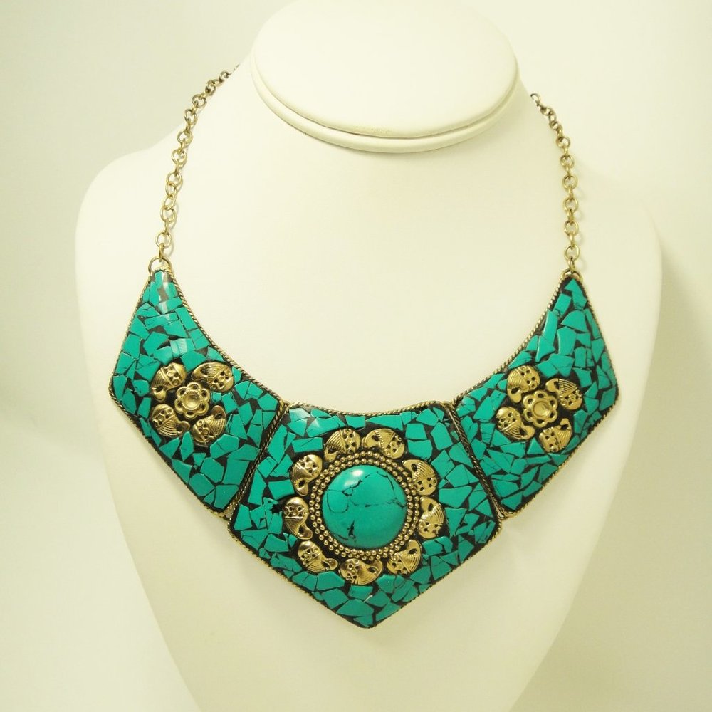 Tanjore Faux Green Turquoise Mosaic  + Brass Hinged Panel Necklace